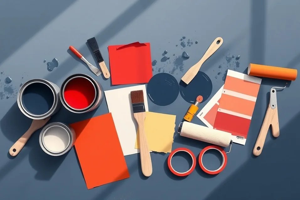 Pots de peinture, nuancier, brosses et rouleaux disposés à plat
