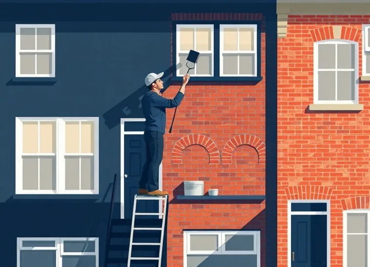Peintre sur échafaudage traitant la façade d'une maison