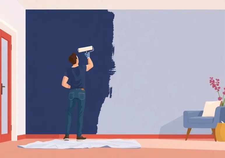 Peintre appliquant la peinture au rouleau sur un mur de salon